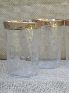 Vintage West Virginia Glass Optic 22K Gold Whiskey Glass Set of 2
